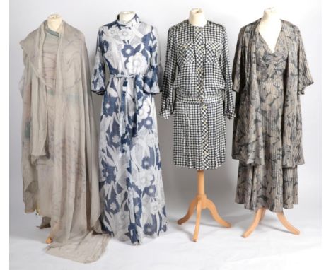 1970s Tina Warren Blue and White Full Length Dress, printed with large flower heads and leaves, frilled 3/4 length sleeves, t