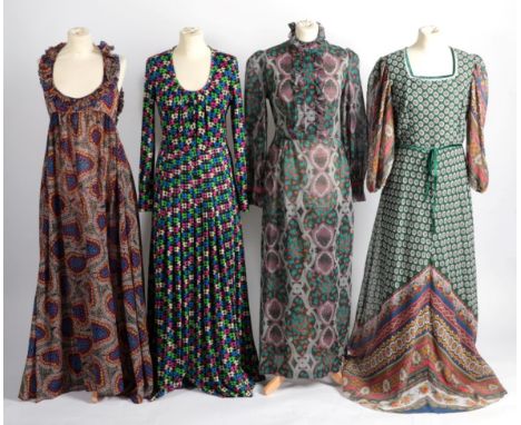 Circa 1980s Givenchy Nouvelle Boutique Full Length Dress, printed with a geometric floral pattern in green, pink, blue and cr
