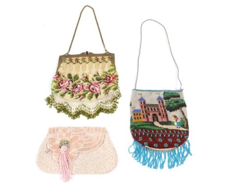 Late 19th Century Bead Drawstring Bag, depicting a castle with a figure in the foreground, looped bead trims, grey silk linin