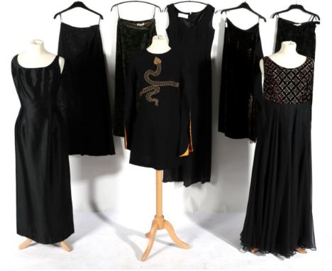 Assorted Circa 1970s and Later Dresses and Separates, comprising a black crepe mini dress, with long exaggerated sleeves line