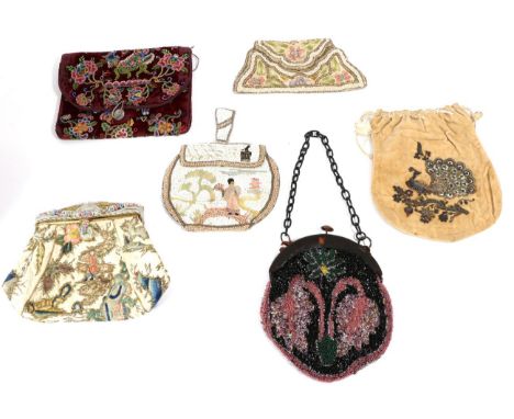 Assorted Circa 1920-40s Evening Bags, comprising a cream satin Chinese purse, appliquéd with figures and images, embroidered 
