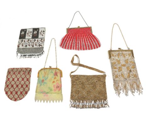 Six Early 20th Century Beaded Evening Bags, comprising a French silver and gold bead purse with gilt metal mount, chain handl