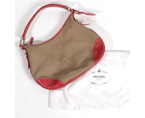 Prada Canvas 'Hobo' Shoulder Bag, the front featuring a large Prada logo, with red leather trim, strap and attached identity 