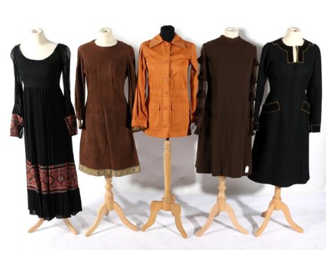 Circa 1960s/70s Costume, comprising a Baccarat brown suede long sleeve dress with round neck, with embroidered trim to the he