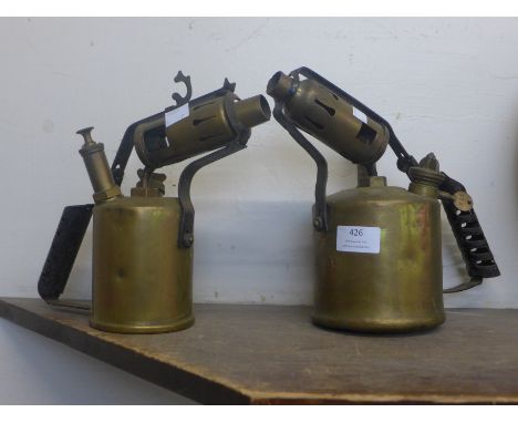 Two vintage brass blow lamps 