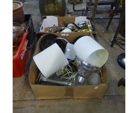 Two boxes of assorted vintage table lamps, wall lights, etc. 