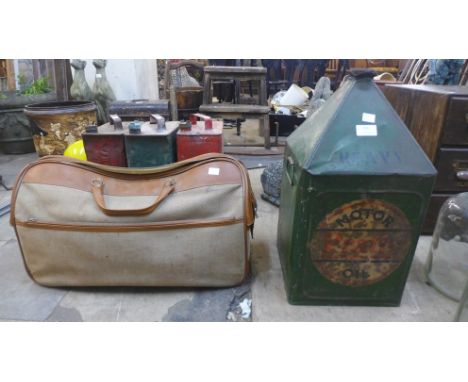 A vintage Pratts Motor Oil can and a vintage bag 