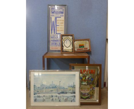 Three assorted vintage advertising mirrors, a Lowry print and one other 