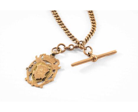9CT GOLD ALBERT CHAIN, graduated curb link, T-bar, with 9ct gold pendant, 41cms long, 45.1gmsProvenance: private collection P