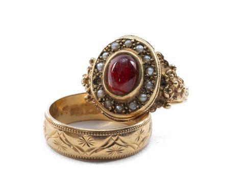 TWO 9CT GOLD RINGS, comprising cabochon garnet and seed pearl ring and an engraved band, 9.2gms gross (2)Provenance: deceased