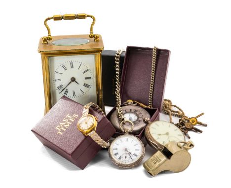 ASSORTED CLOCKS comprising French brass carriage clock with key, lady's Ingersoll wristwatch, silver fancy fob watch on white