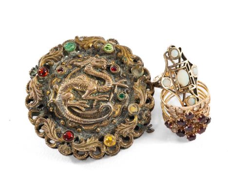 TWO DRESS RINGS & COSTUME JEWELLERY BROOCH, comprising 9ct gold and opal cruciform ring, 14ct red & white gem set multi-hinge