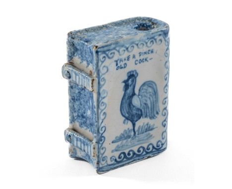 ENGLISH DELFTWARE NOVELTY SNUFF BOX, in book form with painted cockerel and flower spray, inscribed 'Take a Pinch, Old Cock',
