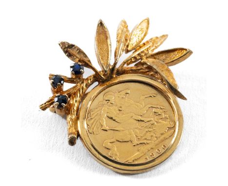 LATE VICTORIAN GOLD HALF SOVEREIGN, 1900, veiled head, mounted in yellow metal foliate brooch mount set with three sapphires,