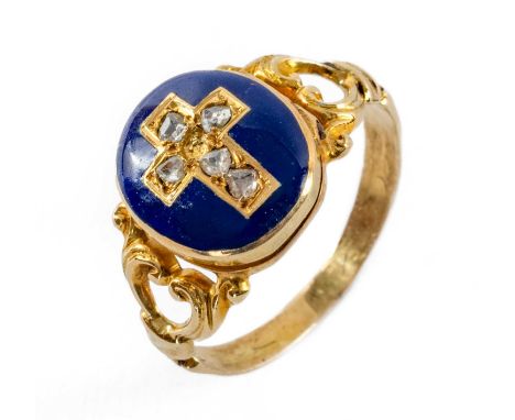 DIAMOND & ENAMEL MOURNING RING, with hinged crucifix locket compartment set with diamond chips on a blue enamel field, open s