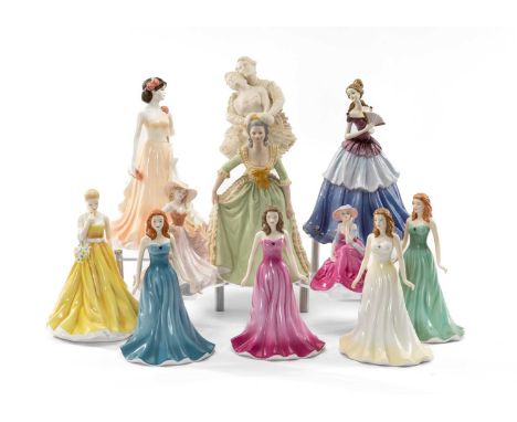 ELEVEN BONE CHINA FIGURES including, Royal Doulton March Jonquil 18cms, June Pearl 17cms, Coalport Evening Romance 22cms, Deb