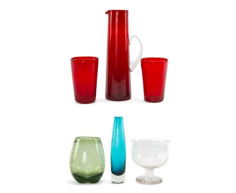 ASSORTED 20TH CENTURY GLASS including tapering Swedish turquoise cased glass vase, 1970s, sea green glass vase with controlle