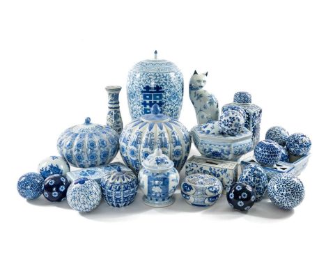 ASSORTED MODERN DECORATIVE CHINESE BLUE & WHITE, including jars, cat, cache pots, flower bricks and spheres (qty)Provenance: 