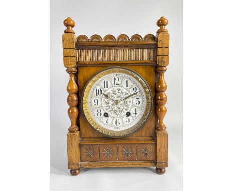 EARLY 20TH CENTURY WALNUT 8-DAY MANTEL CLOCK, the William Morris-style enamelled dial within cast gilt metal bezel and cut gl