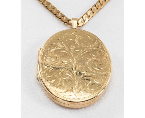 9CT GOLD OVAL LOCKET, scroll engraved on 9ct gold flat curb link chain, 75cms long, 36.5gms, in Gregorys Jewellery boxProvena