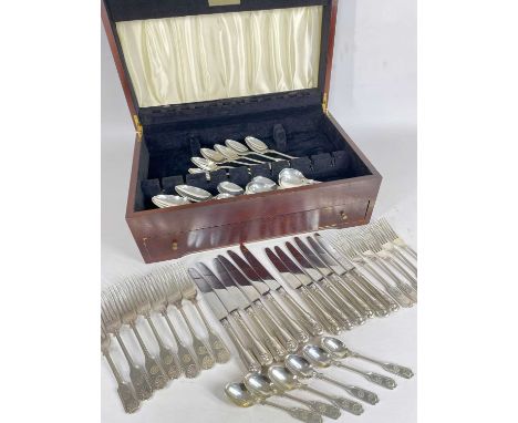 CASED PART CANTEEN OF SILVER CUTLERY, fiddle pattern with shells, Sheffield 1980, 64ozt approx. (not including knives), in fi