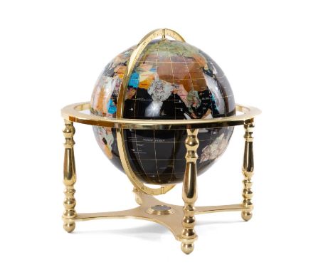 LAPIS GLOBE set with assorted minerals and semi-precious stones on brass stand with inset compass, with specimen identificati