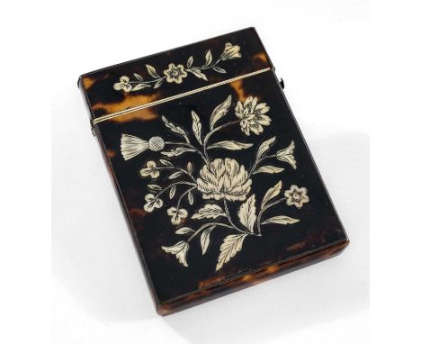 VICTORIAN TORTOISESHELL & IVORY CARD CASE, sides inlaid with wild flowers and foliage, hinged cover, push latch, 10.5cms high