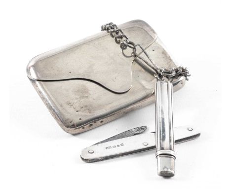 THREE SILVER COLLECTABLES comprising lady's folding pen knife, Birmingham 1903, silver cigarette case modelled as a hinged en