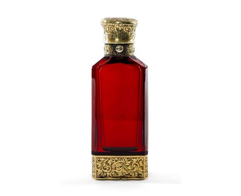 MID-VICTORIAN SILVER GILT VINAIGRETTE SCENT BOTTLE, Sampson Mordan & Co., London 1864, the rectangular ruby glass bottle with