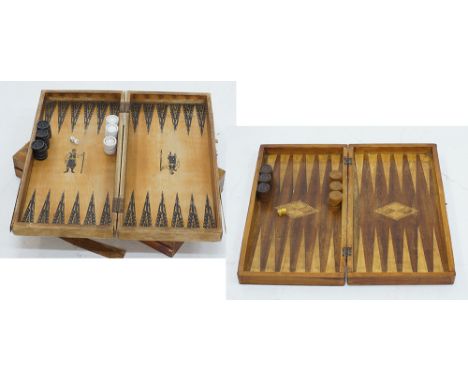 Two Cypriot Backgammon sets. Two Cypriot backgammon boards with checkers diam.35mm and dice. Both boxes are made of plywood a