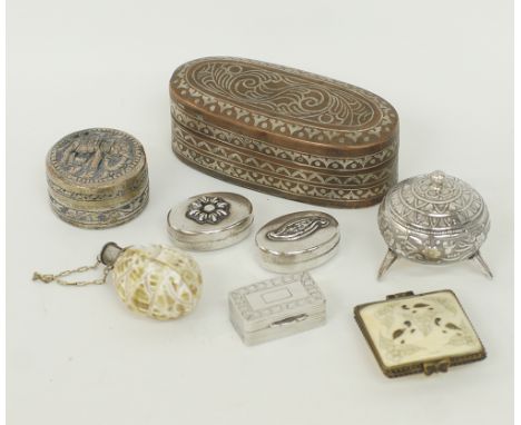 A collection of small metal boxes including an English sterling silver snuff box measuring 33x20x12mm, weight 20g, Hallmarked