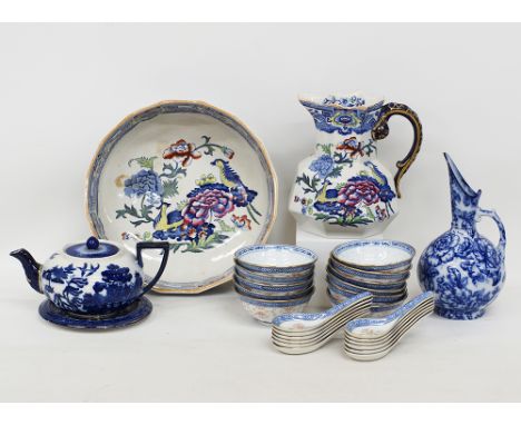 Porcelain collection. A collection of blue and white porcelain, comprising a wash basin and jug H20cm, a tea pot with cover a