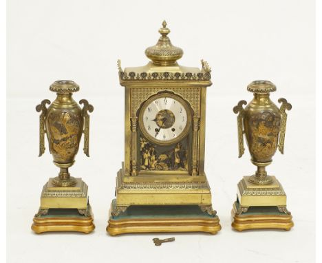 A Fine &amp; important French bronze 8 day clock garniture in the Orientalist style, circa 1880. The 8 day clock with a time 