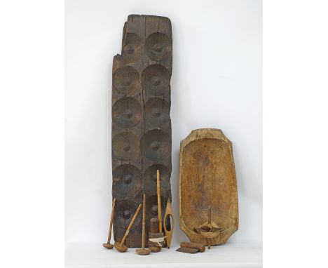 A Cypriot wooden bread trough / dough trough with 12 bowls, where bread was left to swell or ferment before baking, measuring