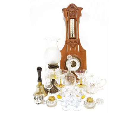 Oil lamp, a barometer, a pair of possibly 19th century/early 20th century glass inkwells, a cut glass decanter and further ch