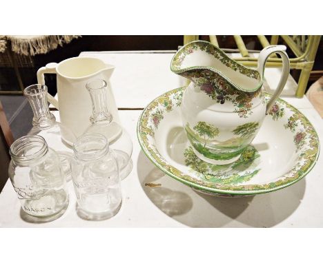 Copeland Spode wash bowl and jug&nbsp;with floral and landscape decoration, two glass decanters and two Mason jars&nbsp;