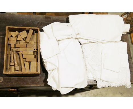 Box of vintage wooden building blocks&nbsp;and a quantity of white linen&nbsp;