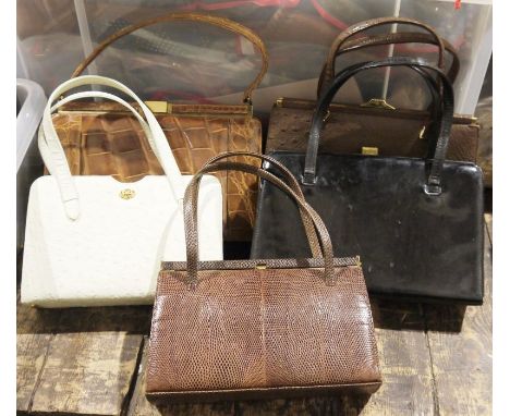 Assorted vintage handbags to include a Mappin &amp; Webb lizard skin, a pale blue ostrich skin bag, a brown leather simulated