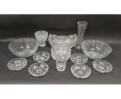 Collection of cut and engraved glassware including a large cut glass boat-shaped bowl cut with hobnail stars and fans, 29cm w