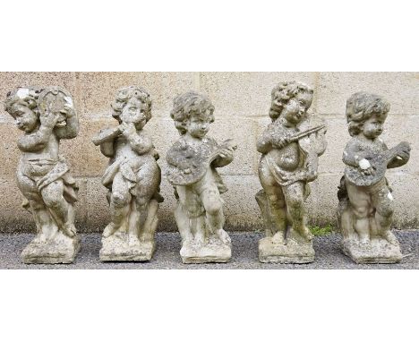 "Cherub Band" five composite stone figures of cherubs, each playing a different musical instrument, 62cm high (5)&nbsp;