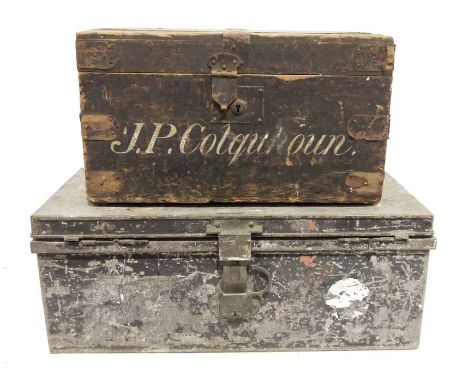 Metal trunk, 54cm x 33cm x 30cm,&nbsp;a wooden trunk, 69cm x 34cm x 28cm&nbsp;and a ten bottle wrought iron wine rack&nbsp;(3