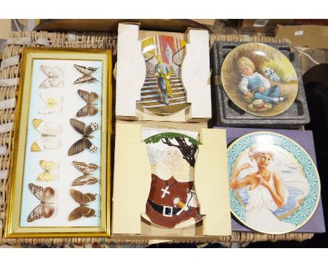 Quantity of collectors plates&nbsp;by Knowles, Davenport, etc and assorted prints and embroidery&nbsp;(1 box)&nbsp;