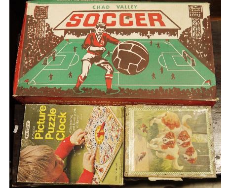 Vintage Chad Valley table soccer set, a Victory plywood picture puzzle clock&nbsp;and a set of children's picture building bl