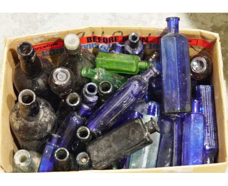 Quantity of vintage glass bottles, mostly named to include Cheltenham Original Brewery Co. Ltd, S.A.H. Noel &amp; Co. Roath B