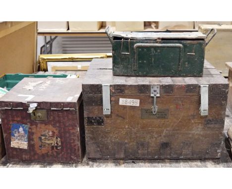 Wooden iron-bound travelling trunk&nbsp;fitted with internal compartments for carrying silver items, labelled for the 'Honble