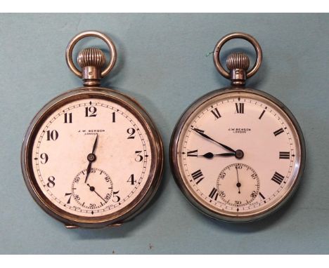 J W Benson, a silver-cased open-face keyless pocket watch, the white enamel dial with Arabic numerals and seconds subsidiary,