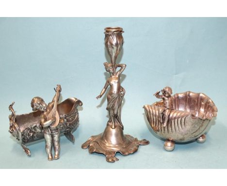 A WMF pewter figural dish of cradle form, with raised floral and scroll decoration and cherubic figure playing a lute, 13cm l