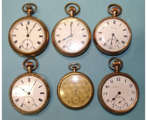 Six gold-plated open-faced pocket watches by Elgin, Waltham, Tempo and others, (none working), (6).