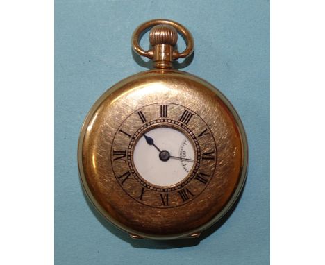 A 20th century 9ct gold half-hunter-cased keyless pocket watch, the white enamel dial with Roman numerals and seconds subsidi