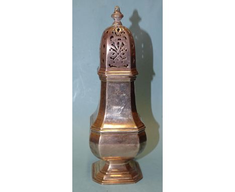 A silver sugar caster of octagonal form, on stepped foot, 21cm high, Adie Brothers Ltd, Birmingham 1945, ___8.18oz, 254g.
